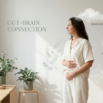 Woman holding stomach with gut health icons — signs your gut needs a reset
