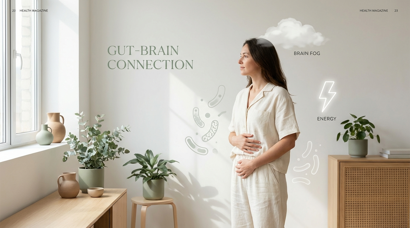 Woman holding stomach with gut health icons — signs your gut needs a reset