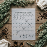 Natural antiparasitic herbs flat-lay with 30-day calendar — parasite cleanse protocol