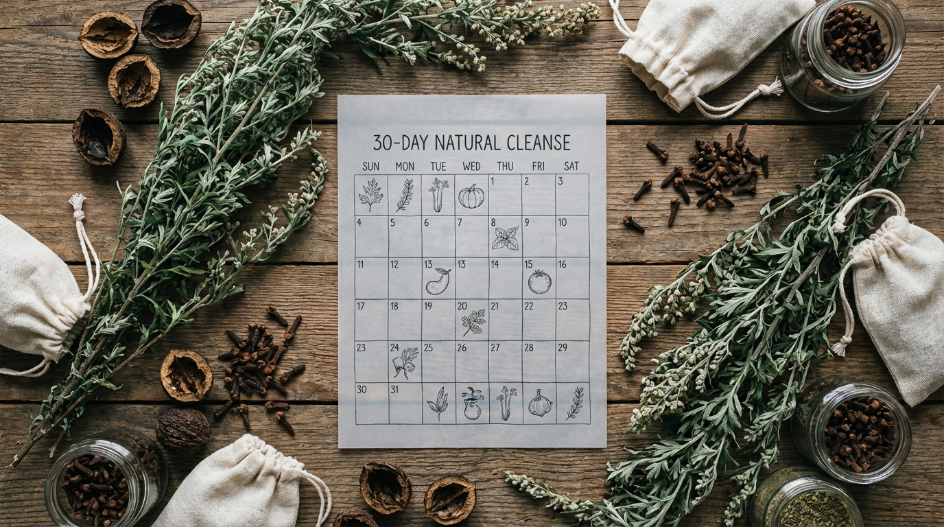 Natural antiparasitic herbs flat-lay with 30-day calendar — parasite cleanse protocol