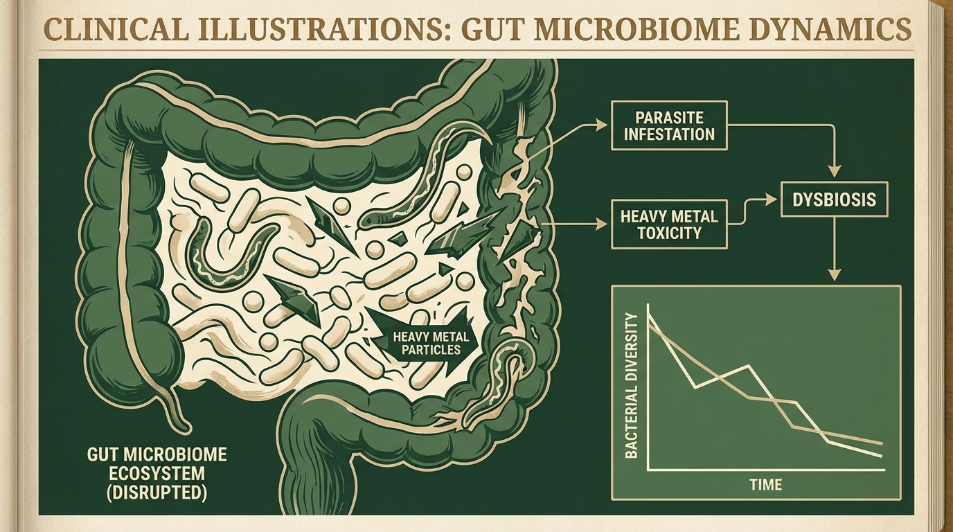 Gut microbiome ecosystem disrupted by parasites and heavy metals illustration